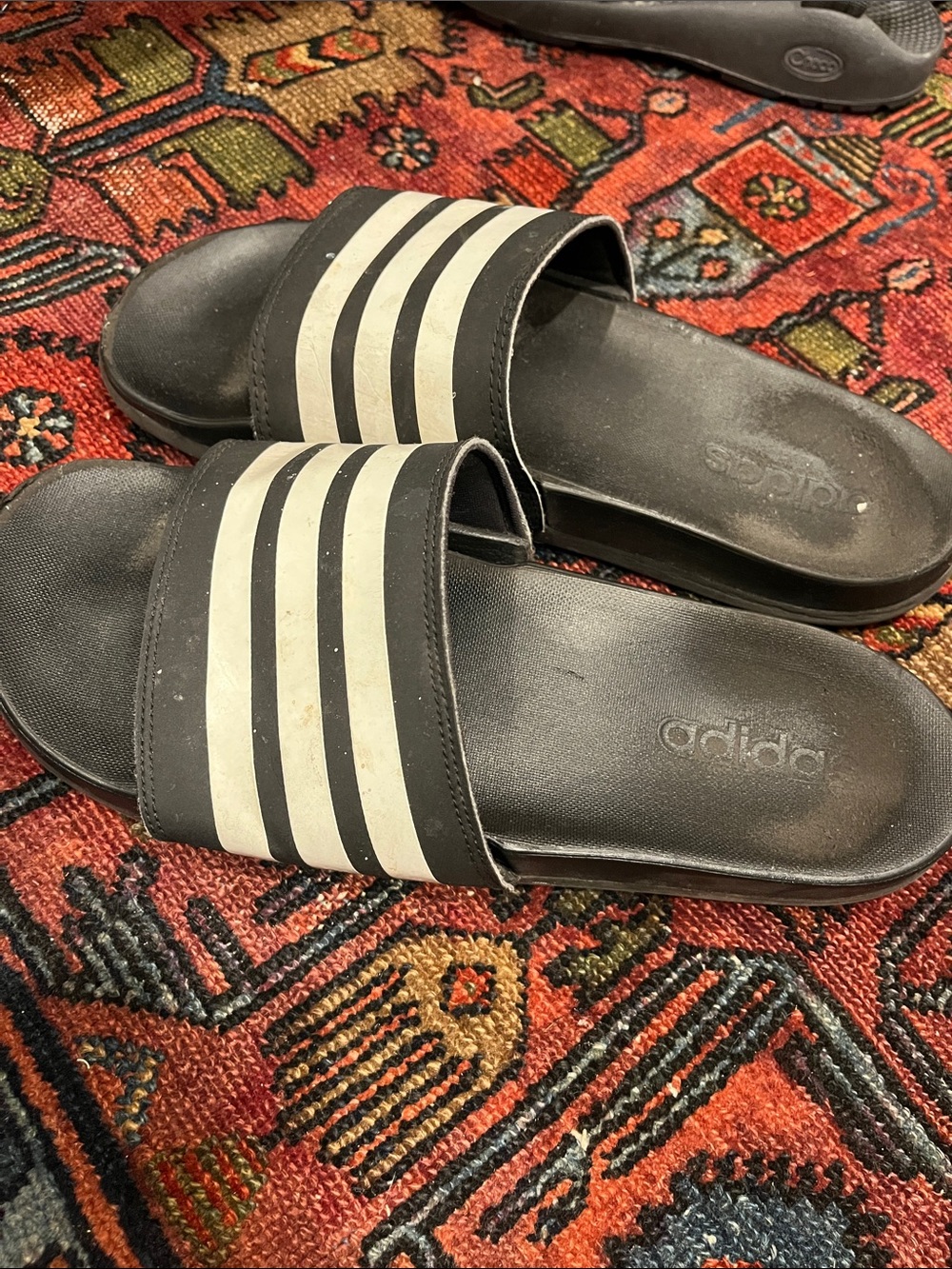 adidas Black Slide Sandals with White Stripes